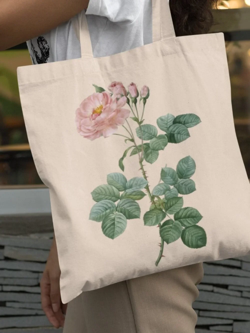 Aurore Poniatowska Rose Vintage Floral Print Graphic Canvas Tote Bag